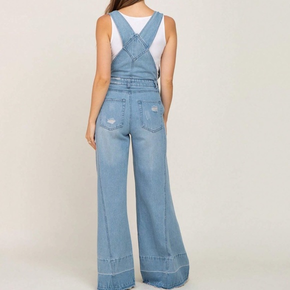 Light wash Wide leg Pockets Bib Jumpsuit - Picture 5 of 6